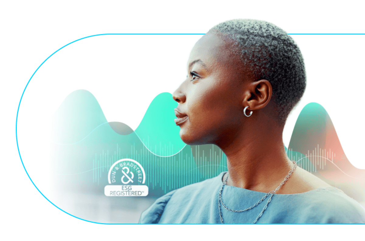 Professional business woman with data visualization and ESG certification